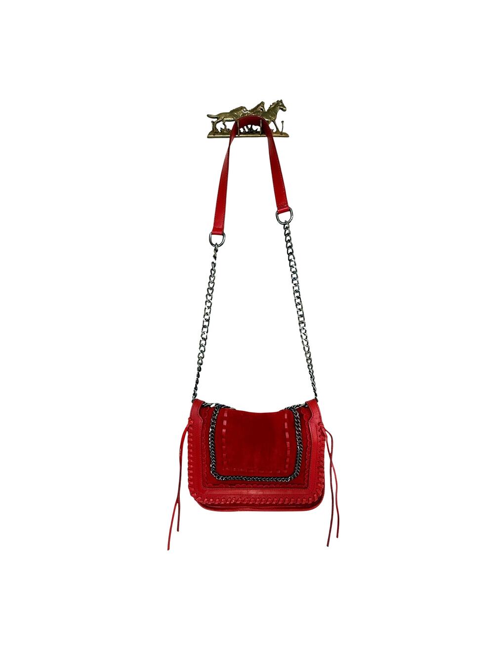Zara Woman Red Leather & Suede Crossbody Bag Chain Strap Whipstitch Detail